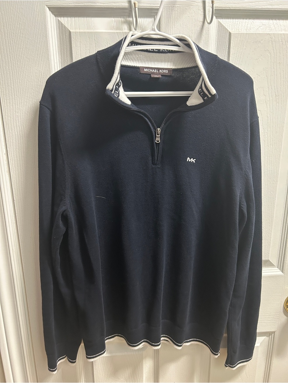 Michael Kors Men's Navy Half-Zip Sweater with White Trim-Large